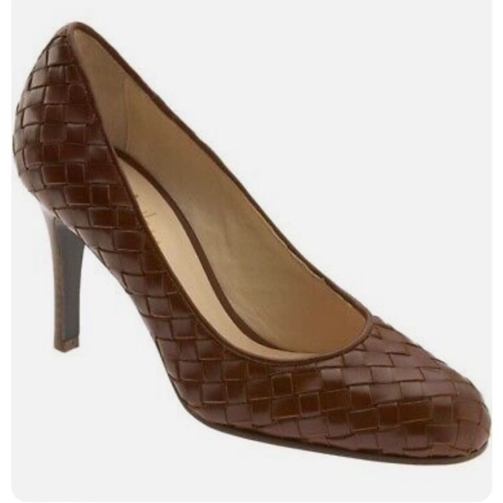 Cole Haan Scarletta Cognac Brown Leather Woven 3.5” Heels Pumps. Size 9. D10